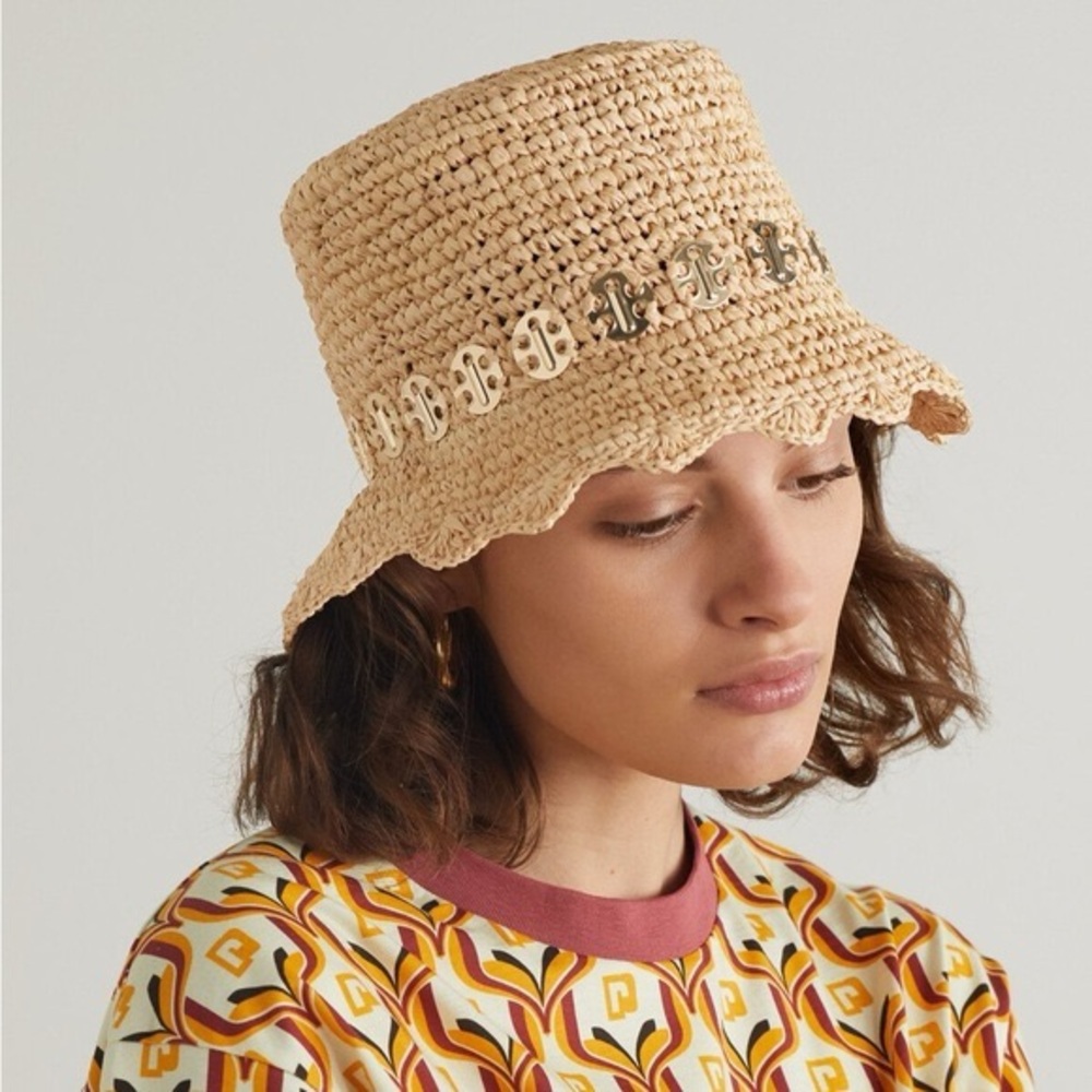 Paco Rabanne Embellished Raffia Bucket Hat Beige